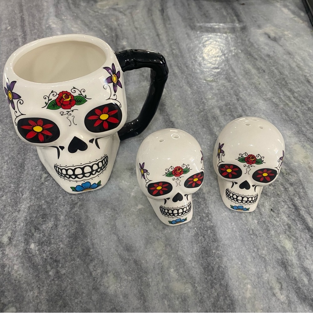 Sugar Skull Mug and Salt & Pepper Shaker Set - NWOT